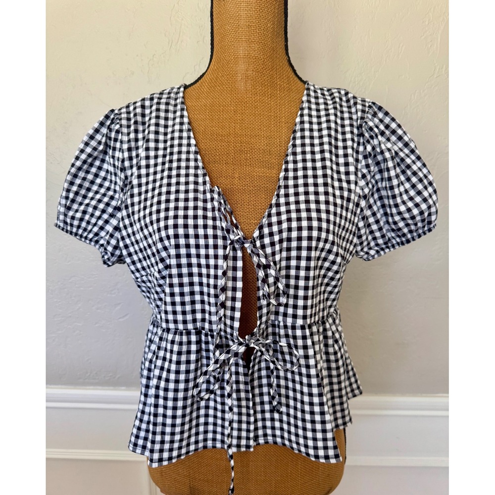 Discreet New York City Gingham Peplum Tie Front Top Black White XL